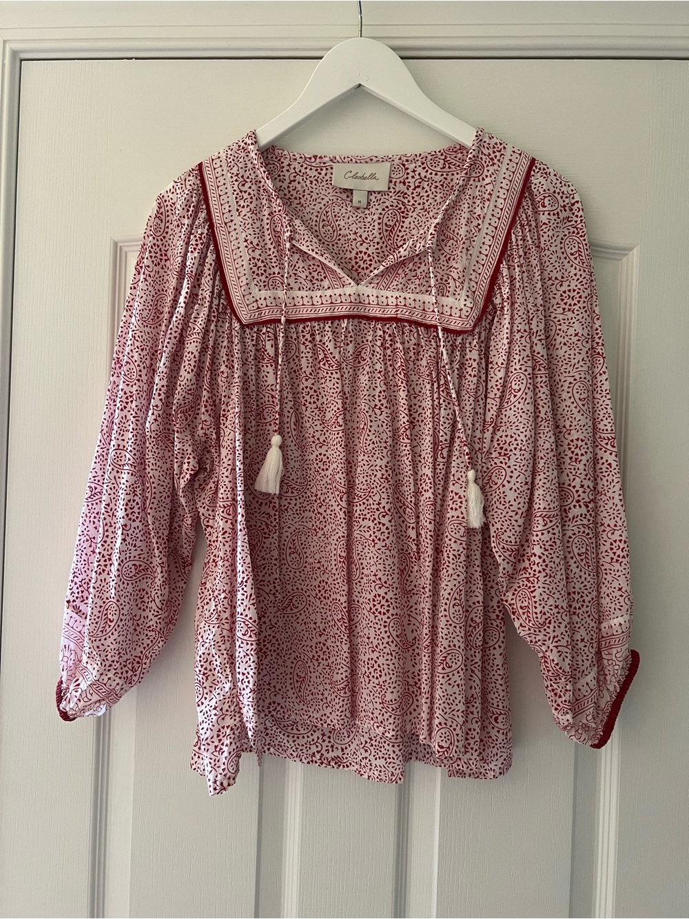 Cleobella White and Red Paisley Peasant Top with Tassels